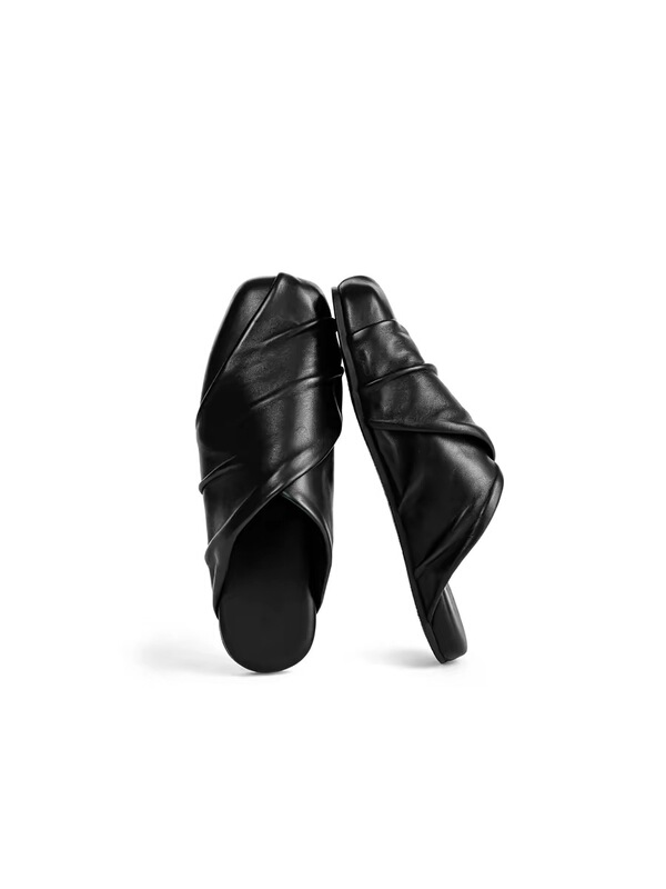 Lingle "Mu" Soft Sheepskin Mules with Handmade Pleated Toe, Breathable Spring and Summer Square-Toe Slippers