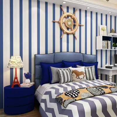 Simple vertical stripes sapphire blue wallpaper non-woven wallpaper bedroom living room TV background wall Mediterranean style