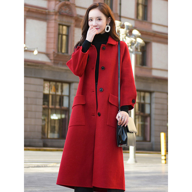 Red double face cashmere big coat female autumn winter style Temperament Reduction high-end retro medium Long version thickened fur coat