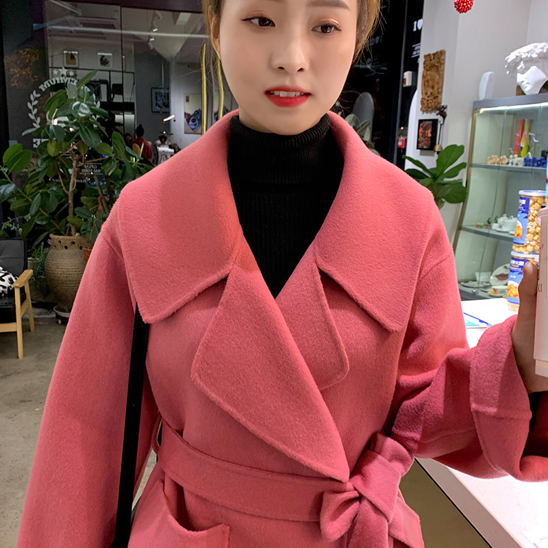 Pink double face cashmere big coat woman short autumn winter retro lace small sub dolls collar thickened fur coat-Taobao