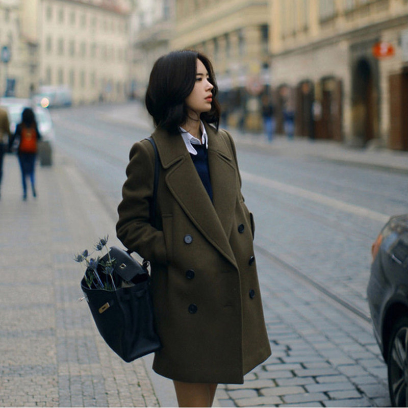 Army green cashmere coat women's mid-length autumn and winter 2022 new Korean version thin retro thick woolen coat
