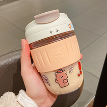 Glass water cup female simple portable straw Korean milk tea cup making tea net red cute double drink coffee cup male