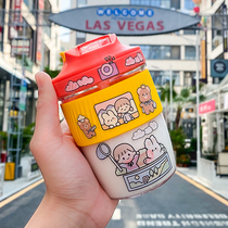 Straw cup Girl ins wind super cute net celebrity high Yan value female student portable water cup Childrens summer double drinking cup
