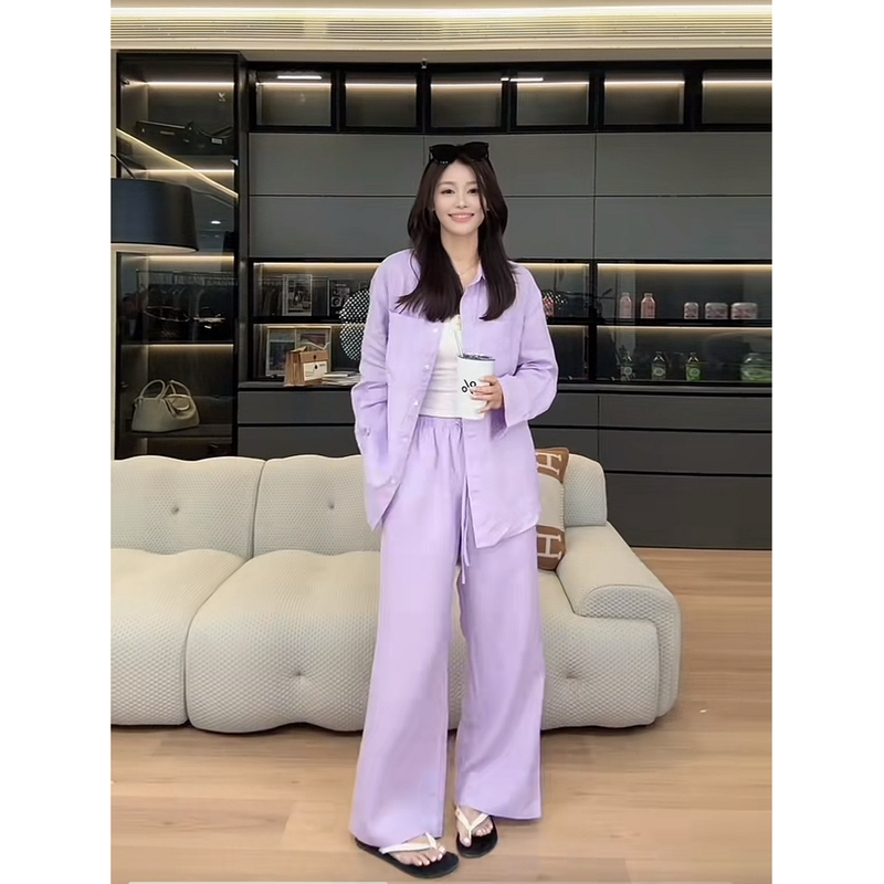 Sun Youyou Purple Linen Suit Shirt Jacket Casual Pants Two-Piece Set for Women Early Spring Korean Style Seaside Vacation