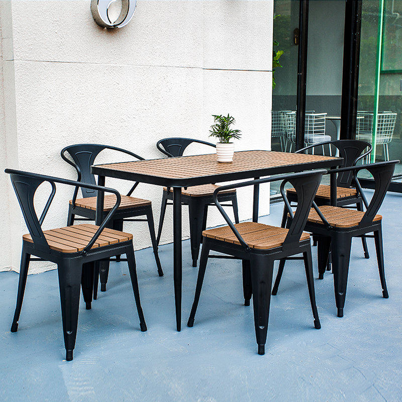 White Rectangular Outdoor Table And Chairs Patio Outdoor balcony open-air Cafeteria Milk Tea Shop Iron Art Plastic Wood Table and chairs