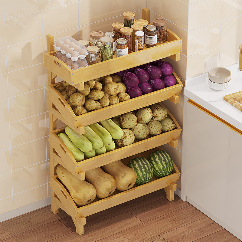 Multifunctional Kitchen Storage Rack Made of Bamboo, Multi-Layer Wall-Mounted Vegetable Rack, Vegetable and Fruit Tray Rack Beside Hot Pot Table in Restaurant