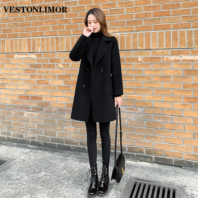 Vestonlimor New Winter Korean Style Mid-Length Wool Fashionable Slim Fit Black Double-Sided Cashmere Coat
