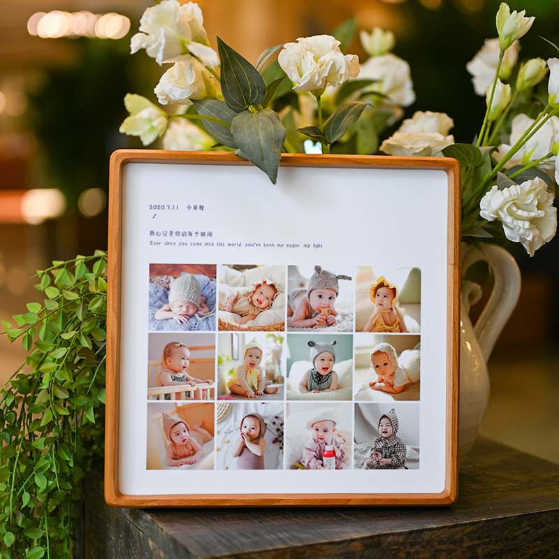 Baby's One-Year-Old and 12-Month-Old Growth Record Photo Frame, Wall-Mounted Solid Wood Mortise and Tenon Table Display, One-Year-Old Child's Growth Gift