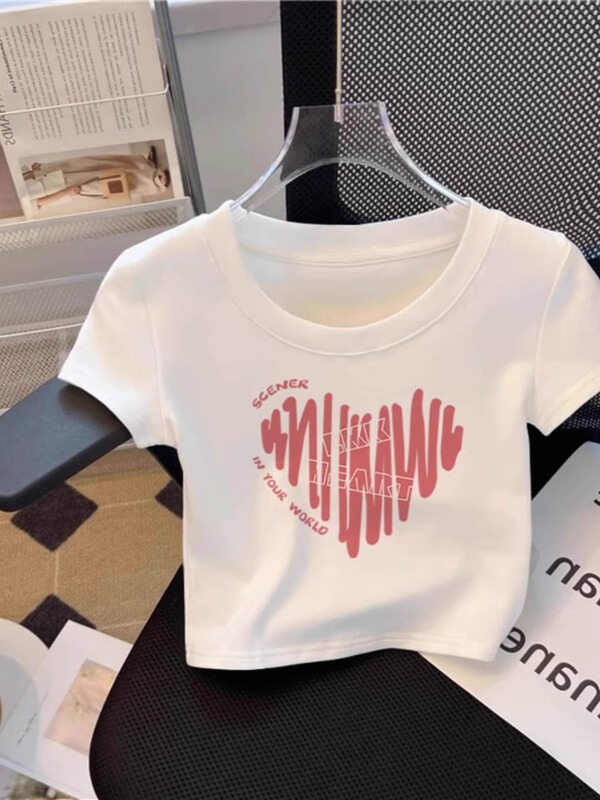 White Right Shoulder Short-Sleeved T-Shirt for Women in Summer, Fashionable and Age-Reducing Cartoon Print, Slim Round Neck Short Top for Small People