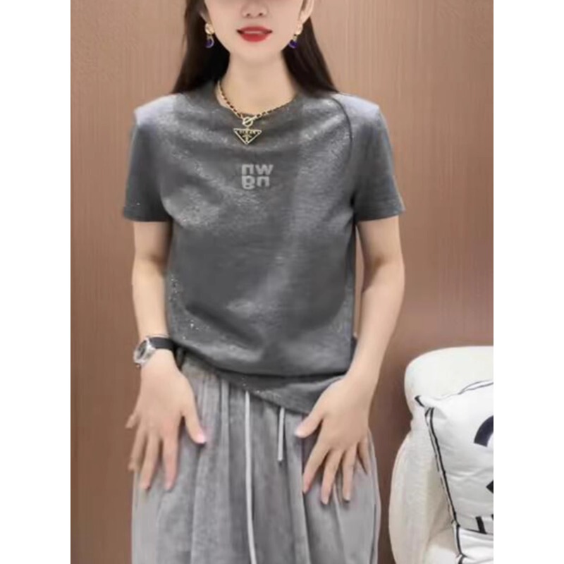 Gray Right Shoulder European Fashion Brand Counter Hot Diamond Top Design Sequins Summer New Style Short-Sleeved T-Shirt for Women