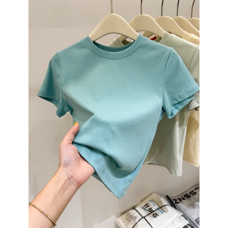 This Year's Popular Lake Blue Short-Sleeved T-Shirt for Women, Dopamine Style for Summer, Makes You Look Fairer, Solid Color Base Short Top