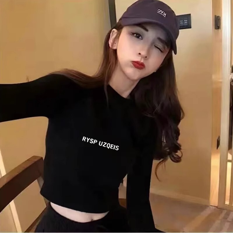 Black Off-The-Shoulder High-Waisted Cropped Top, New Early Autumn Long-Sleeve T-Shirt, Versatile Women's Inner Wear Top