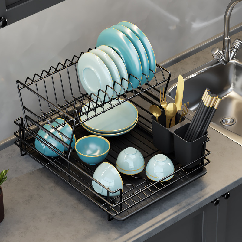 Kitchen Discharge Deep Pan Dishes Drain Rack Drying Bowl Rack Shelve Shelf Double Bowl Tray Bowl chopstick containing layer frame black table surface