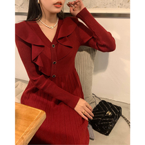 French vintage knitted red annual meeting Hepburn wind waist thin temperament bottom tie-up dress children autumn and winter