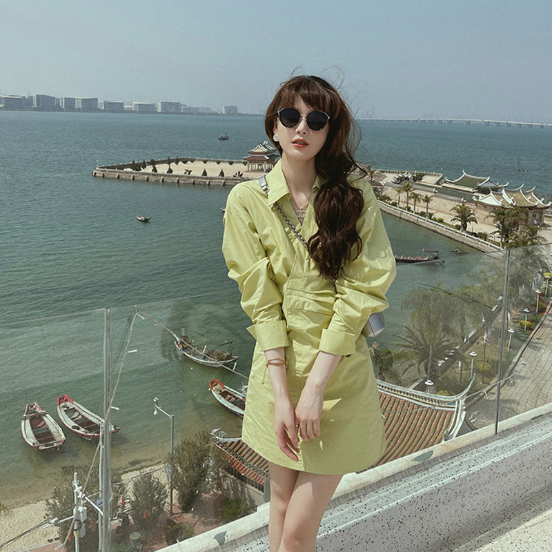 2021 New summer tea break French retro shirt super fairy sweet and gentle green first love dress autumn