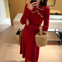 New French knitted sweater Christmas Red annual meeting Hepburn wind bottom with long skirt dress children autumn and winter