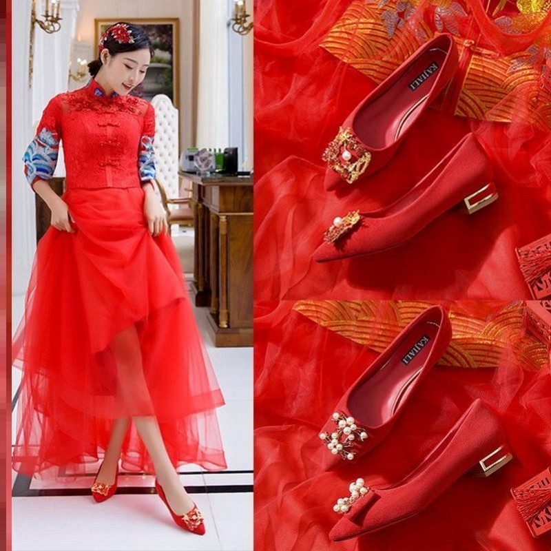 Red Wedding Shoes Bridal Shoes 2020 New Commuter Wedding Shoes Low Top Shoes Womens Rivet Toast