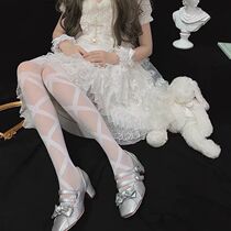 Secondary meta-long cylinder silk stocking day Loretta white silk stockings woman cute lolli soft girl bow tie lolita