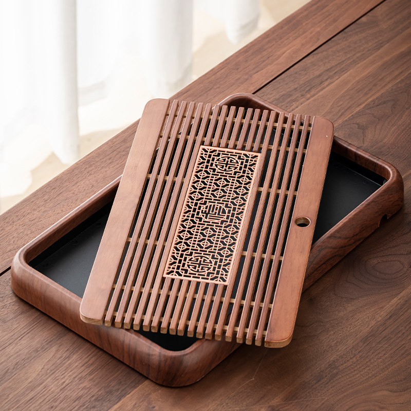 Solid Wood Tea Tray, Household Tea Set Accessories, Tea Tray with Dual-Purpose Storage and Drainage, New Small Tea Table, Walnut Color with Transfer Printing