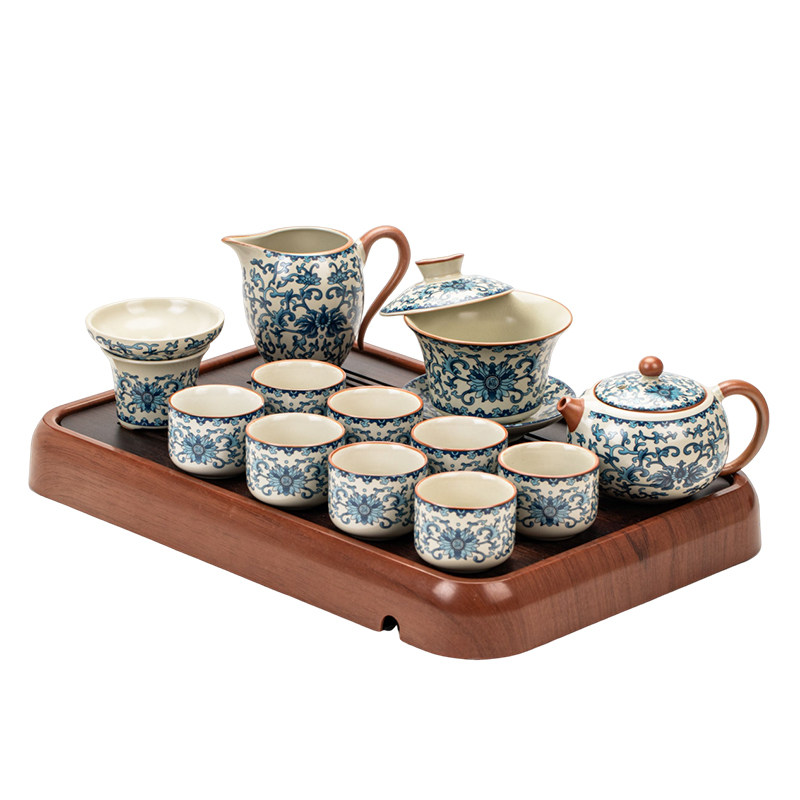 Ru Kiln Blue and White Kung Fu Tea Set Ceramic Teapot with Lid, Floating Lid Bowl, Tea Cup, Tea Tray, Light Luxury High-End Household Use