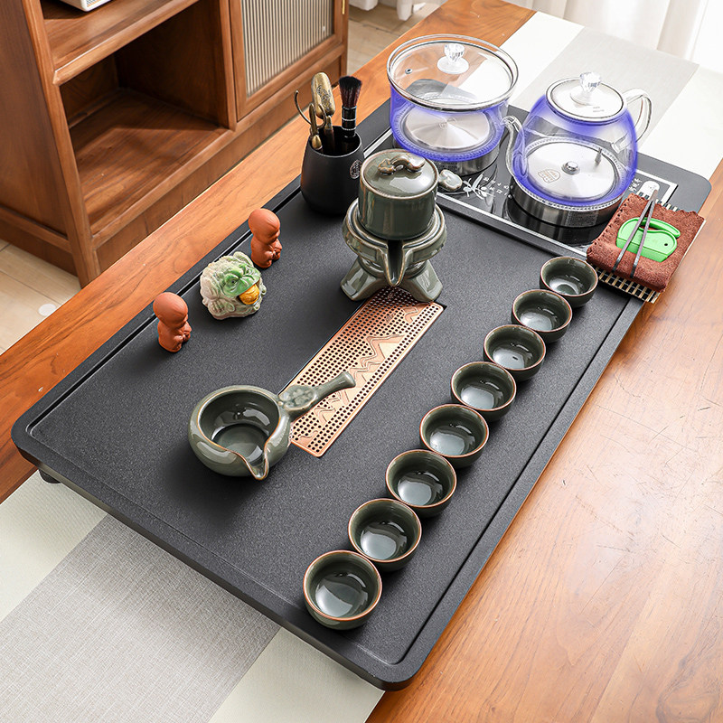 Complete Kung Fu Tea Set, Ru Kiln Ceramics, Household Four-In-One Glass Bottom Water Boiling Kettle, Tea Table, Tea Tray