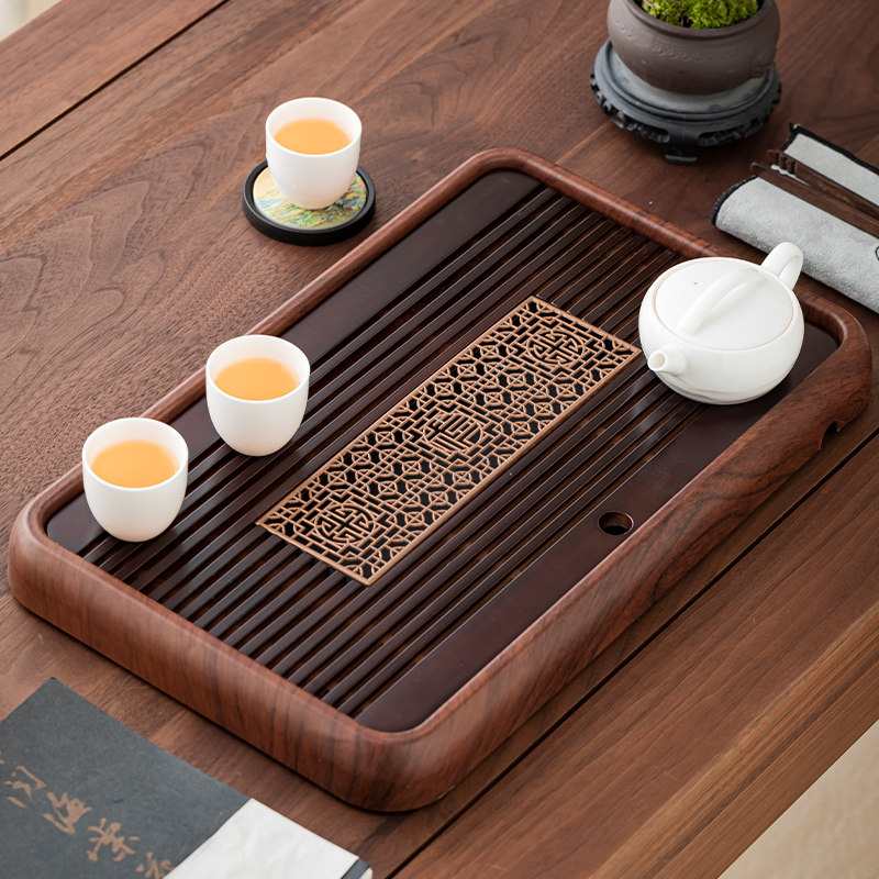 Solid Wood Tea Tray, Household Tea Set Accessories, Tea Tray with Dual-Purpose Storage and Drainage, New Small Tea Table, Walnut Color with Transfer Printing