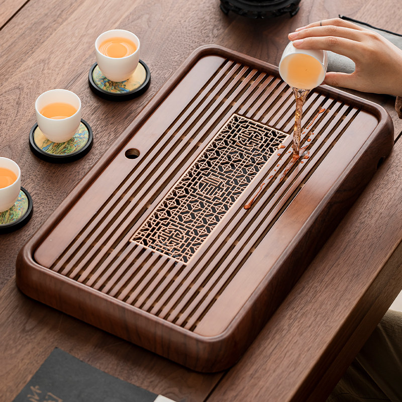 Solid Wood Tea Tray, Household Tea Set Accessories, Tea Tray with Dual-Purpose Storage and Drainage, New Small Tea Table, Walnut Color with Transfer Printing