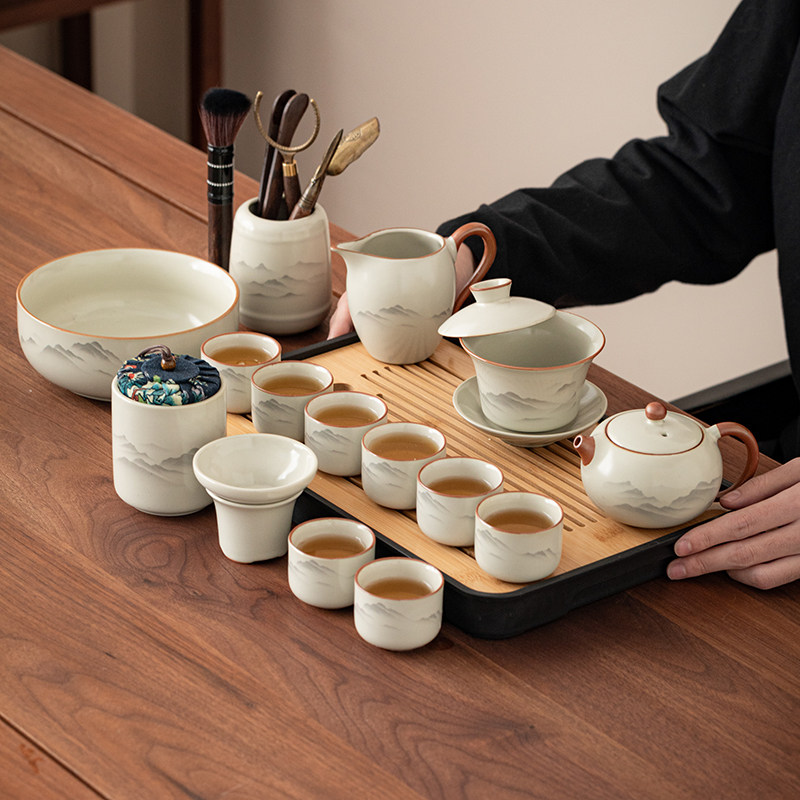Wushan Ru Kiln Kung Fu Tea Set for Home Use 2025 New Model Office Tea Brewing Set with Gaiwan Teapot and Tea Cups