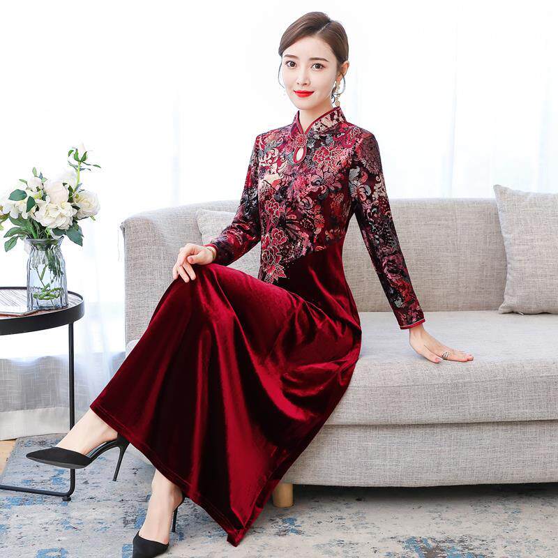Participate in the wedding early autumn women's wedding banquet temperament autumn spring and autumn fashion evening dress gold velvet dress plus size