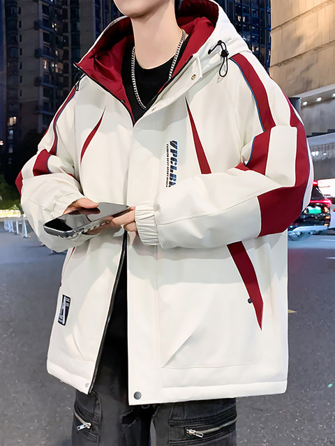 Thickened velvet jacket for boys and adolescents in autumn and winter American style patchwork hooded jacket boys workwear handsome style overcoming