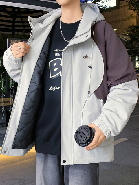 Work jackets for men and teenagers 2025 new autumn and winter hooded quilted thickened jackets for boys spliced jackets