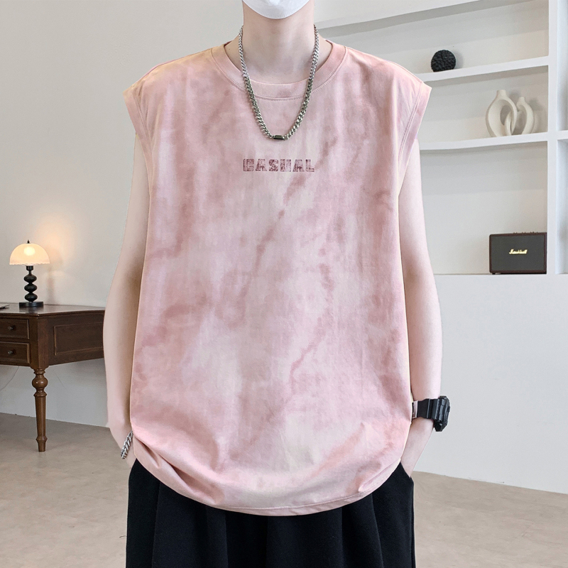 Junior High and High School Students' Ice Silk Cotton Letter Tie-Dye Vest for Boys, Loose Sleeveless T-Shirt Vest for Teenagers in Summer