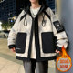 Thick velvet jacket for men and teenagers winter warm outer hooded cotton coat students Hong Kong style contrasting color cold-proof jacket