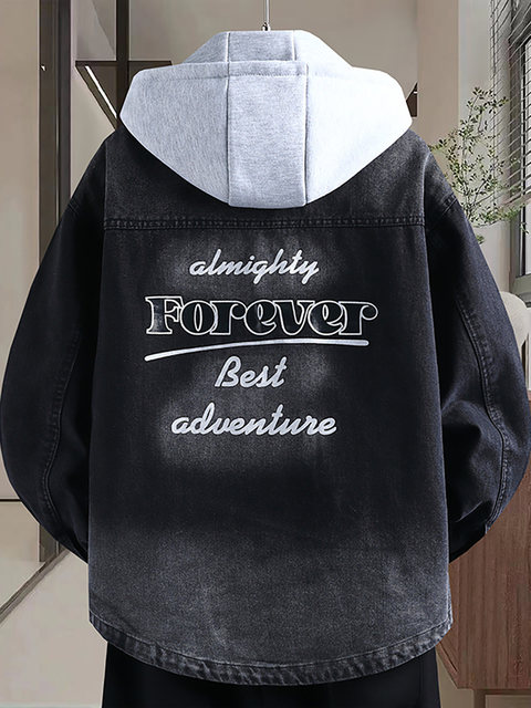 Denim jacket for men and teenagers in autumn new work style handsome loose jacket boys removable hooded coat