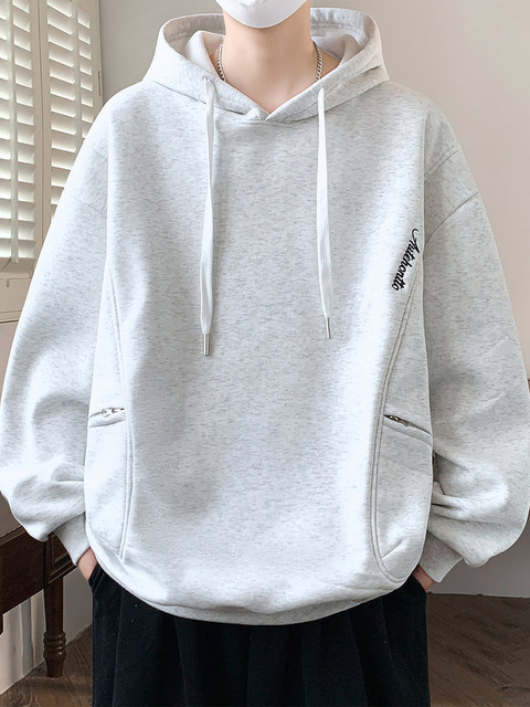 Autumn and winter gray hooded sweatshirt for men, junior high school and high school students, velvet thickened bottoming shirt, handsome top for teenagers