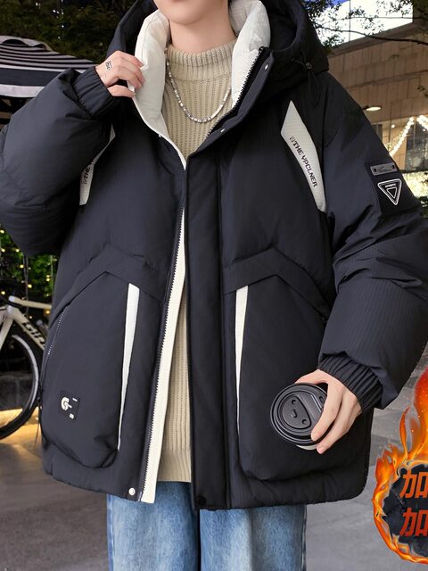 2025 Winter Cotton Clothes for Boys Middle and High School Students Thickened Warm Cotton Jackets Teenagers Spliced Coldproof Hooded Bread Clothes