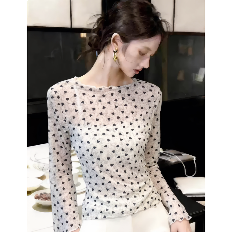 Korean-Style Unique Heart Print Round Neck Chic Long-Sleeve T-Shirt for Women, Summer Thin See-Through Double-Layer Mesh Inner Top