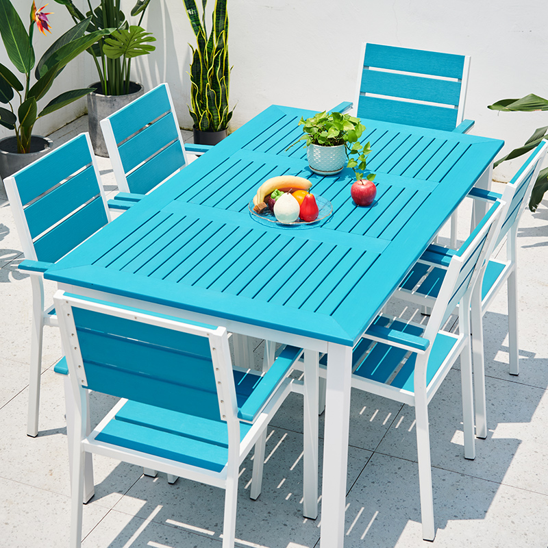 Blue and white new outdoor plastic wood tables and chairs courtyard leisure outdoor cafe balcony garden waterproof sunscreen tables and chairs