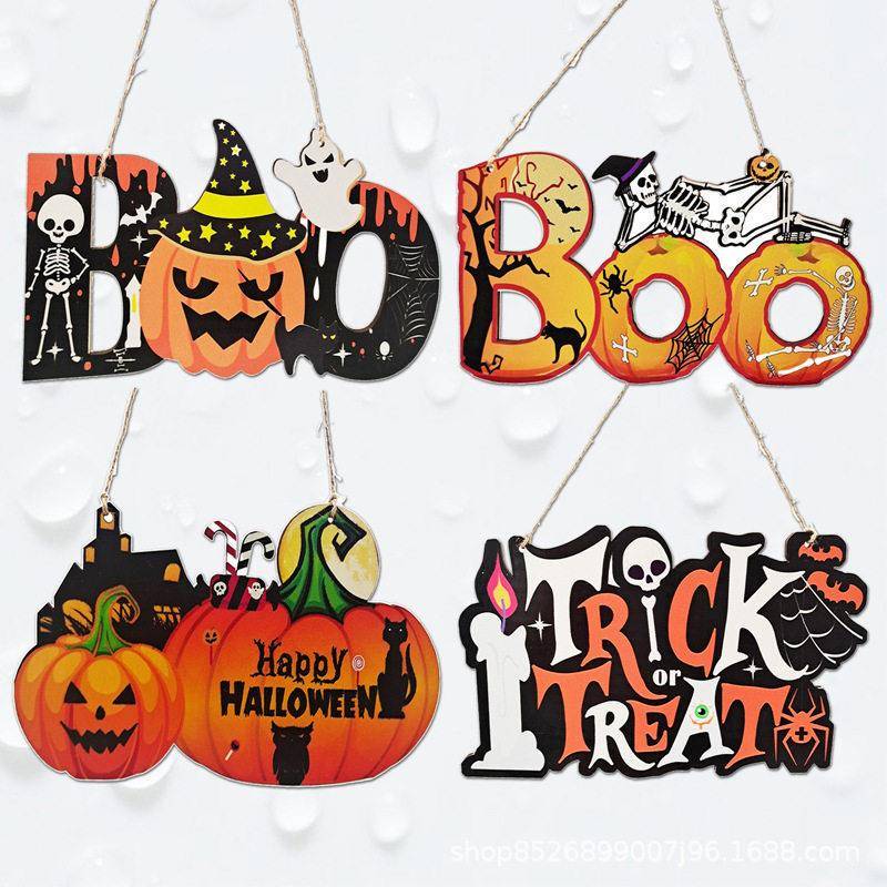 Cross-Border Wooden Halloween Signs, New Styles of Pumpkins, Skulls, Spiders, Bats, Party Scene Decorations, Hand-Carved
