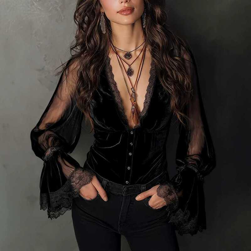 Independent Store 2026 Summer New Arrivals Women's Elegant Gothic Style Party Transparent Mesh Lace V-Neck Top
