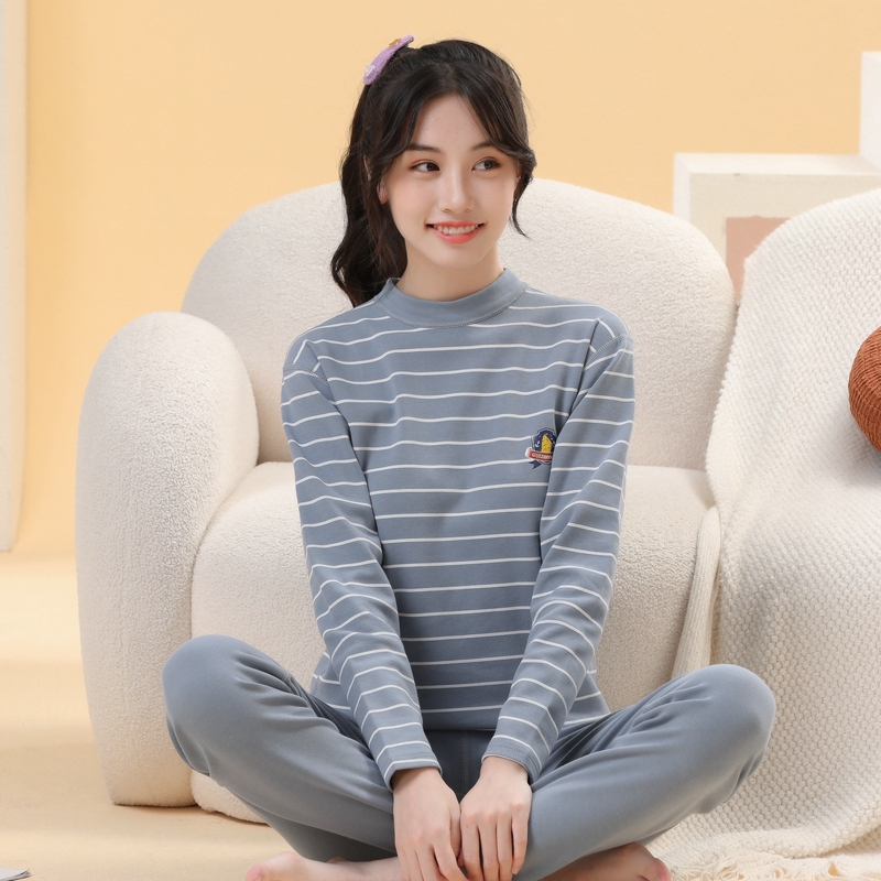 Girls' Soft Fleece Thermal Underwear, Thickened Brushed Student Underwear, Autumn Clothes and Pants, Cute Striped Thermal Thickened Set