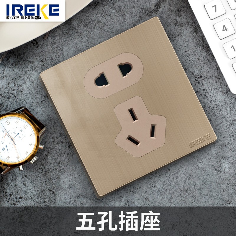 Type 86 switch socket panel Champagne gold with 5 five - hole household dark stainless steel switch panel porous