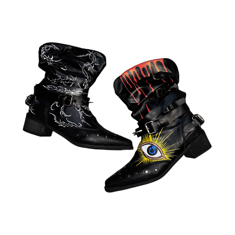 【Buy 1 Get 2】Double-Sided Hand-Painted Graffiti Tattoo Oil Wax Leather Rivet Belt Buckle Chelsea/Flat+3D