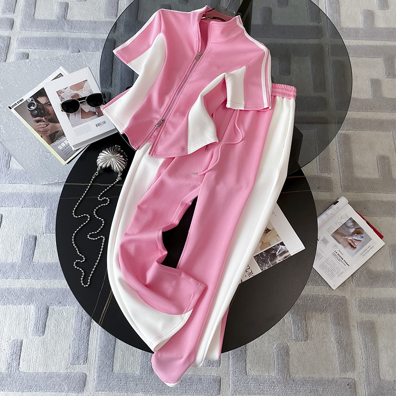 Pink Sportswear Set for Women, Summer Short-Sleeved Thin Style, Trendy and Youthful, Casual Color-Blocked Wide-Leg Pants Two-Piece Set