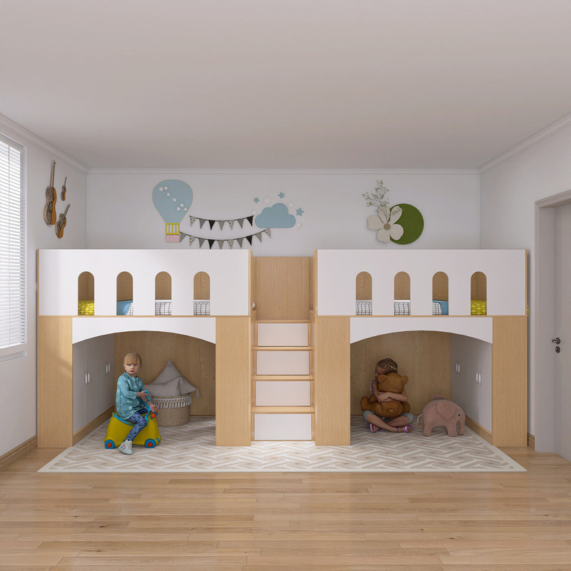 Children's Room Double Bed Design for Twin Brothers, Half-Height Bed with Secret Storage, Upper Bed and Lower Space for Two Girls Children's Room Double Bed Design for Twin Brothers, Half-Height Bed with Secret Storage, Upper Bed and Lower Space for Two Girls