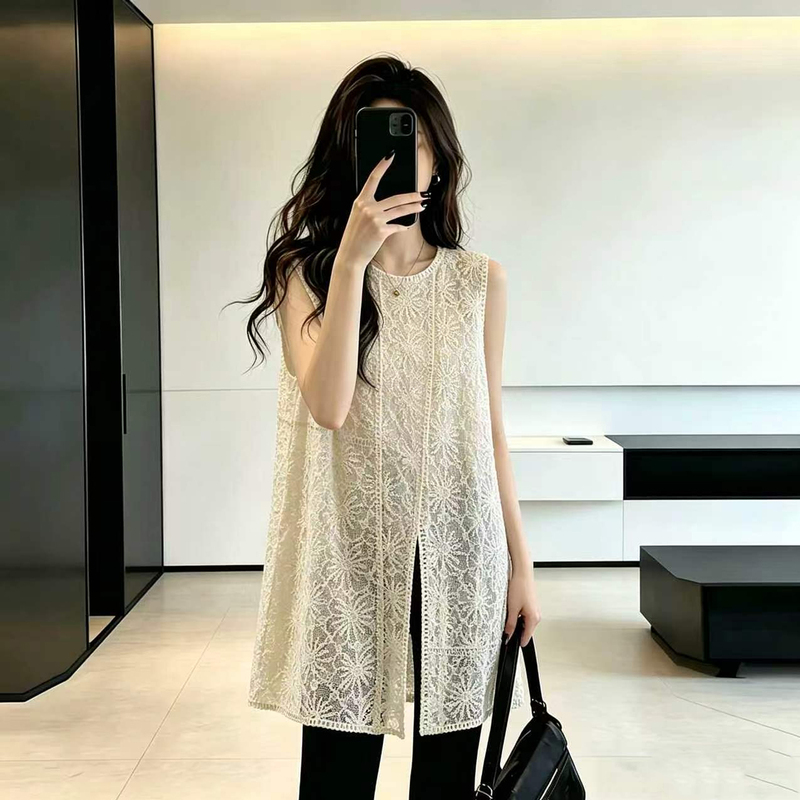 Korean Style Irregular Slit Lace Jacquard Vest for Women, Summer Plus Size, Fashionable and Slimming Top