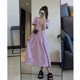 Tea break French purple dress for women summer 2024 new style gentle style high waist slim puff sleeve long skirt for women