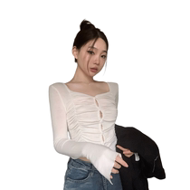 Sexy pure lust style pleated button long-sleeved square neck sweater for women summer slimming short cardigan top trendy