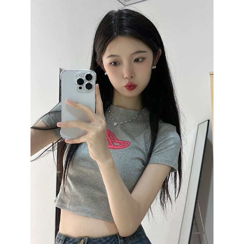 American Retro Sexy Neon Print Crop Top Short-Sleeve T-Shirt for Women, Summer Slim-Fit Slimming Short Style Trendy Top