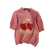 Korean version loose strawberry cherry jacquard foreign air small fresh round collar blouses woman casual knit short sleeve head T-shirt